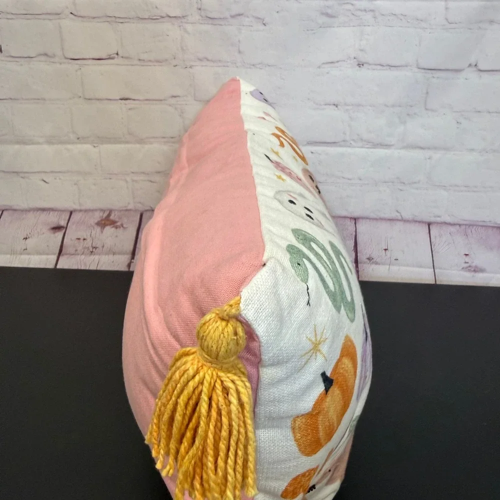 Pastel Halloween Embroidered Lumbar Pillow GhostSnake Pumpkin Tassel Decor 20x12